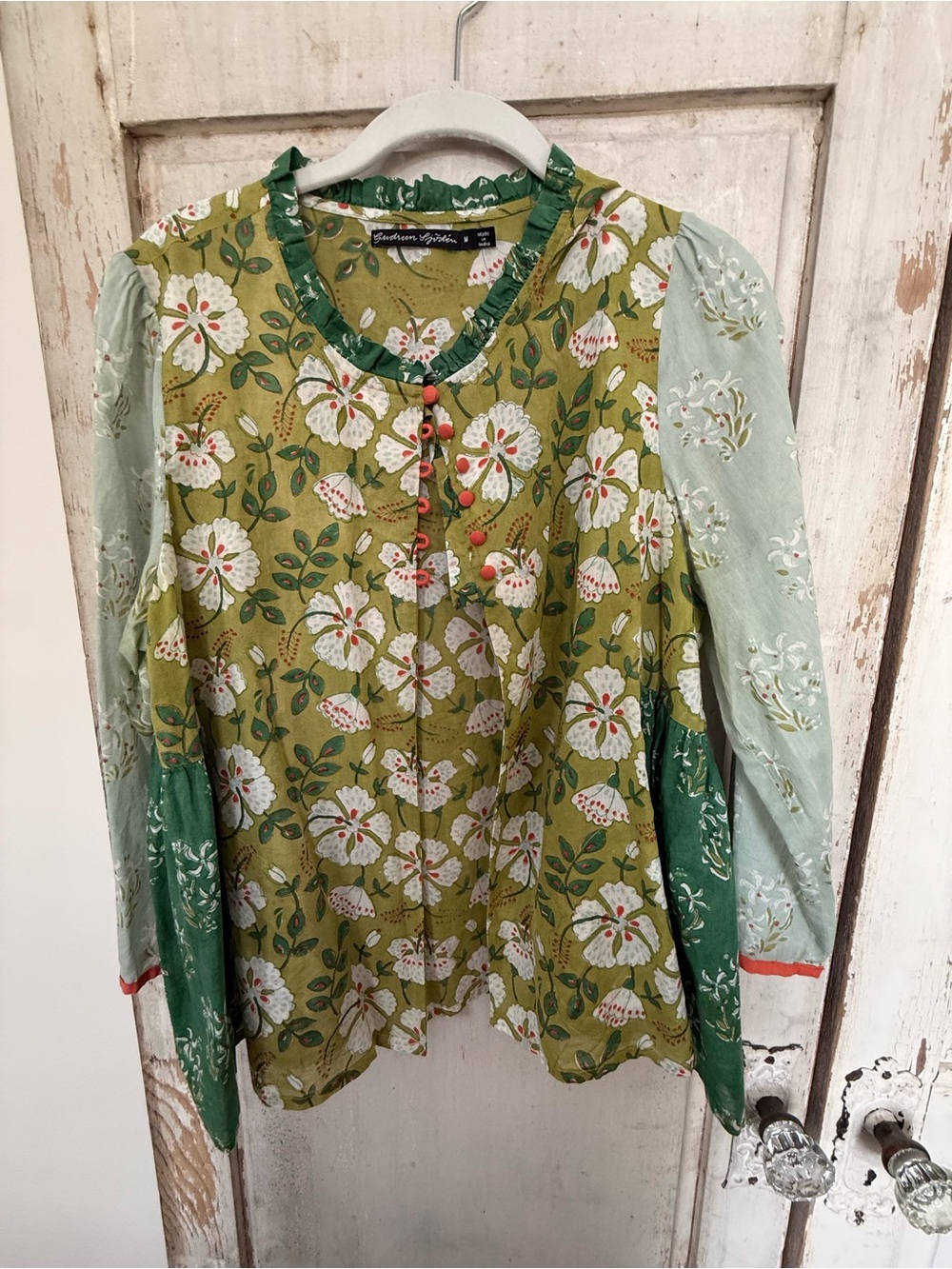 Gudrun Sjoden Green Floral Patchwork Ruffle-Neck Tunic Top